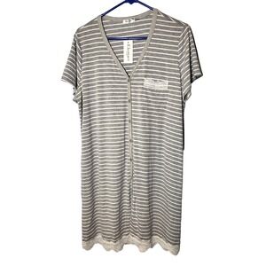NWT Womens Ekouaer Gray White Striped Short Sleeved Lace Hem Nightgown Large